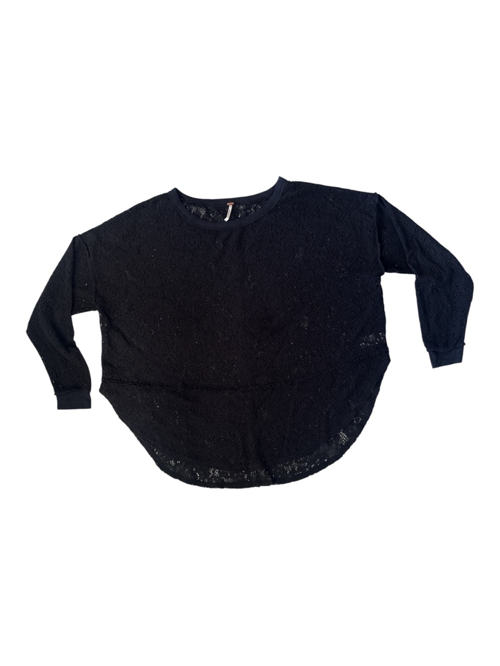 Free People Black Lace Dolman Sleeve Swing Top L Boho Oversized Hi-Low
